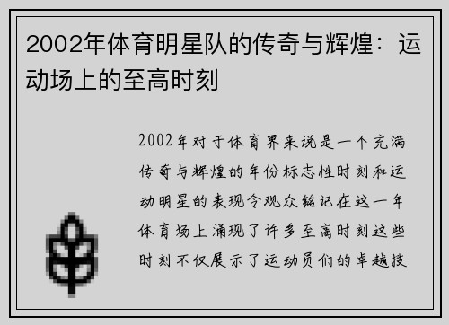 2002年体育明星队的传奇与辉煌：运动场上的至高时刻