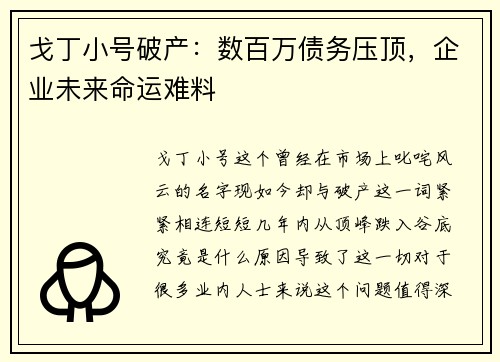 戈丁小号破产：数百万债务压顶，企业未来命运难料